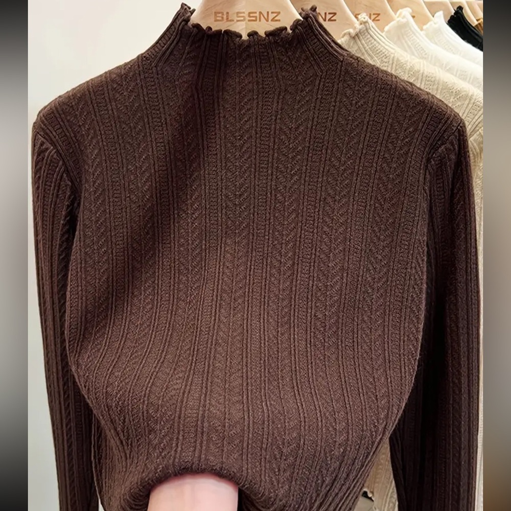 Brown Ribbed Sweater Like Long Sleeve Top